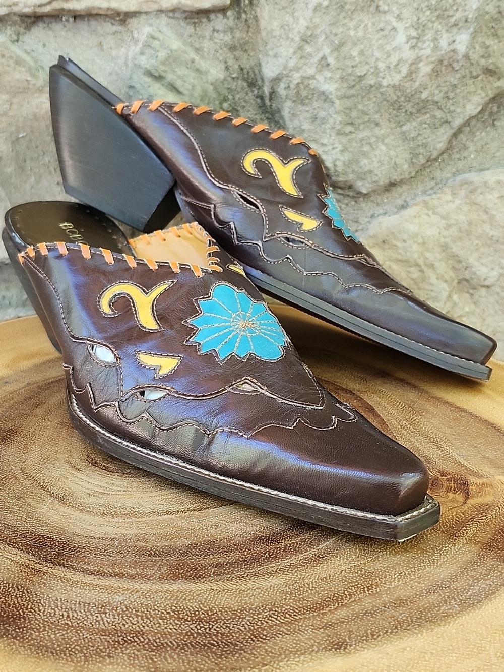 BCBGirls Brown Leather Western Mules with Turquoise & Yellow Appliqué